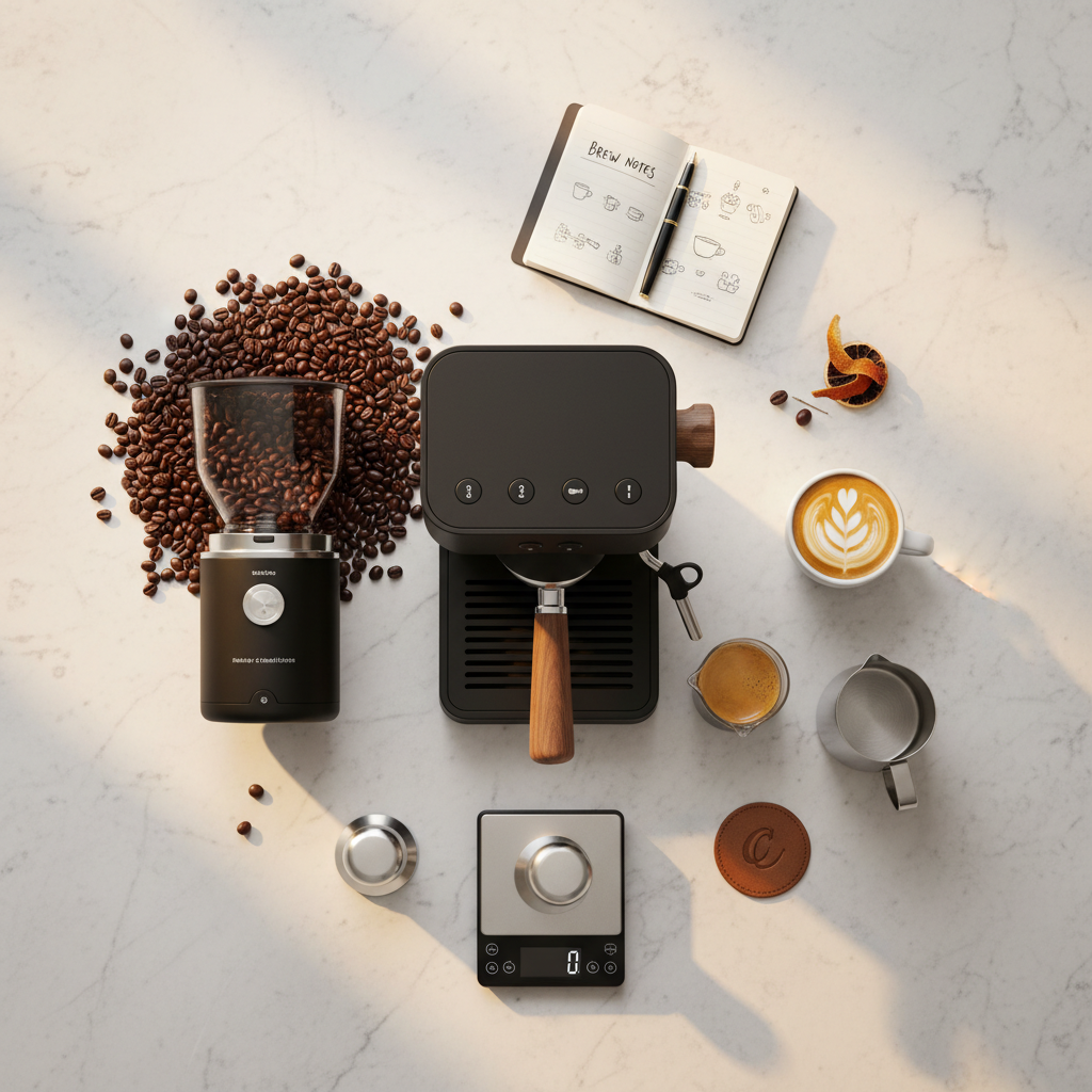 Modern coffee setup flat lay