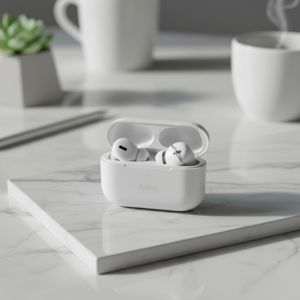 Tech product photography - wireless earbuds